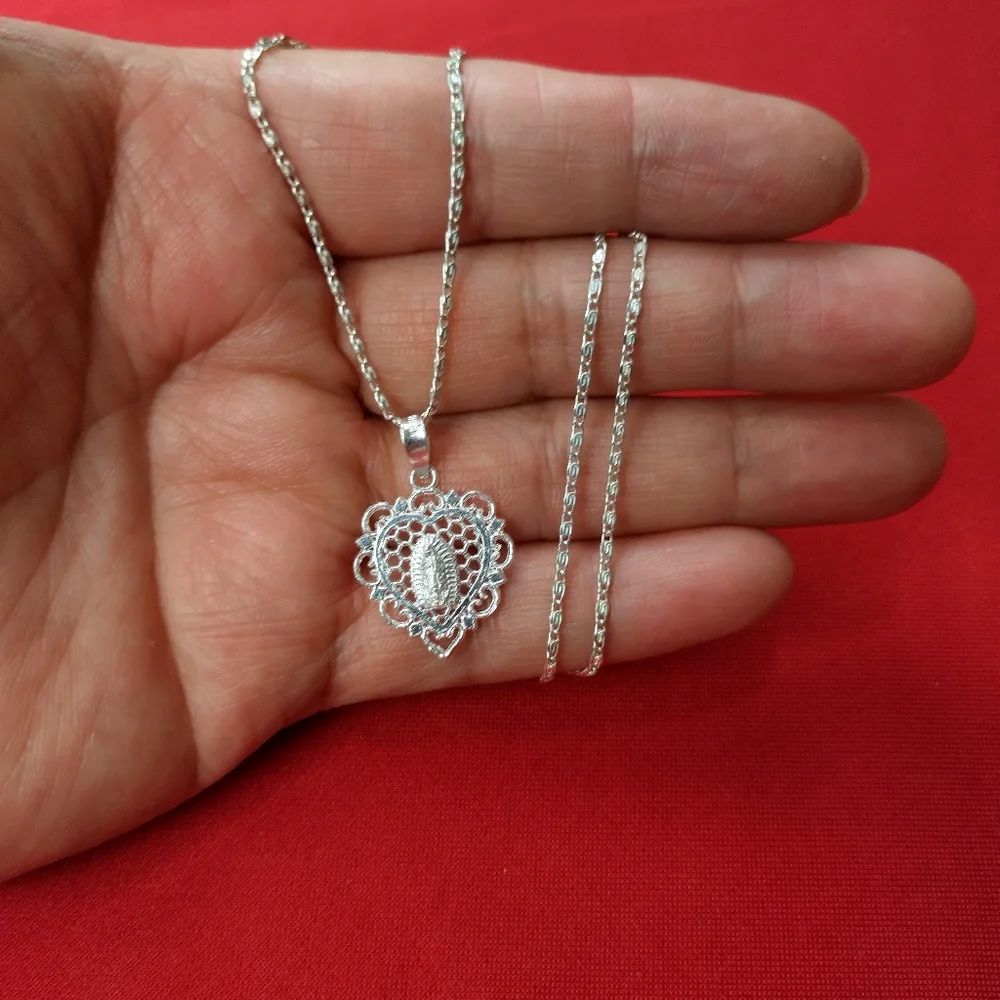 Elegant Heart‎ Pendant Necklace 925 Sterling Silver virgin mary Catholic Medal